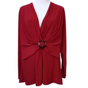 VINTAGE GILLI Stretchy Blouse Top Plus 2X V-Neck Surplice Red Career Dressy Trip
